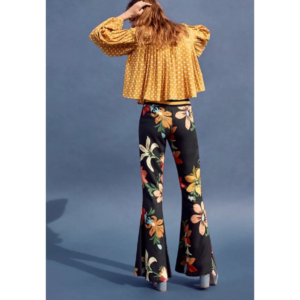 NEW! Farm Rio Calla Flared Retro Floral Pants S Black Motif Retro Boho $148 - Picture 3 of 11